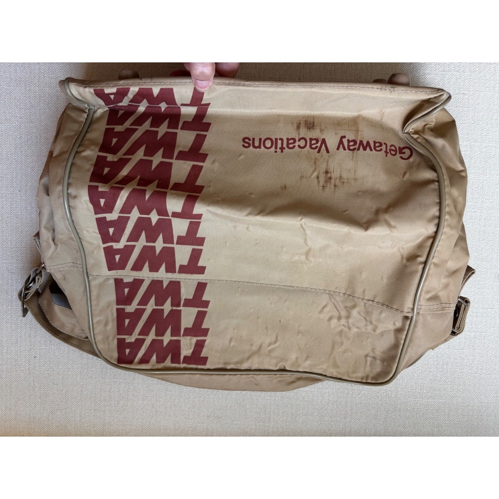 Vintage TWA Getaway Vacations Flight Bag Tan Canvas Messenger Retro Airline 70s